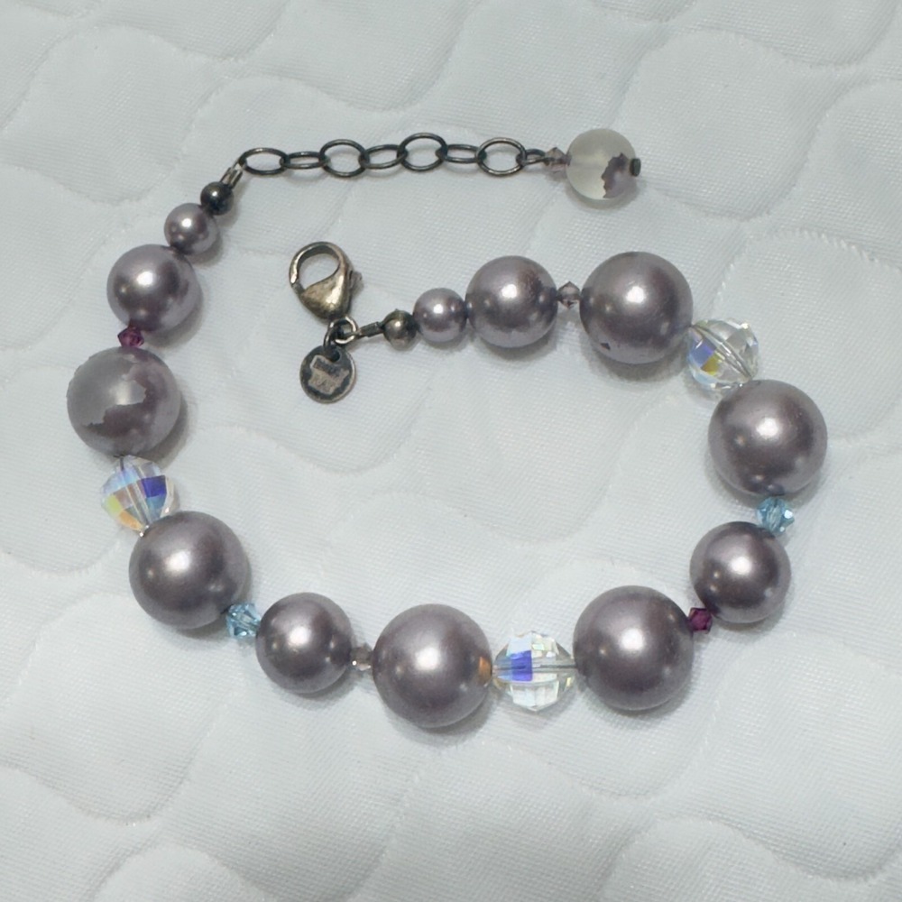 Emily Ray 925 Sterling Silver Crystal Bead Mauve Faux Pearl Bracelet Adjustable